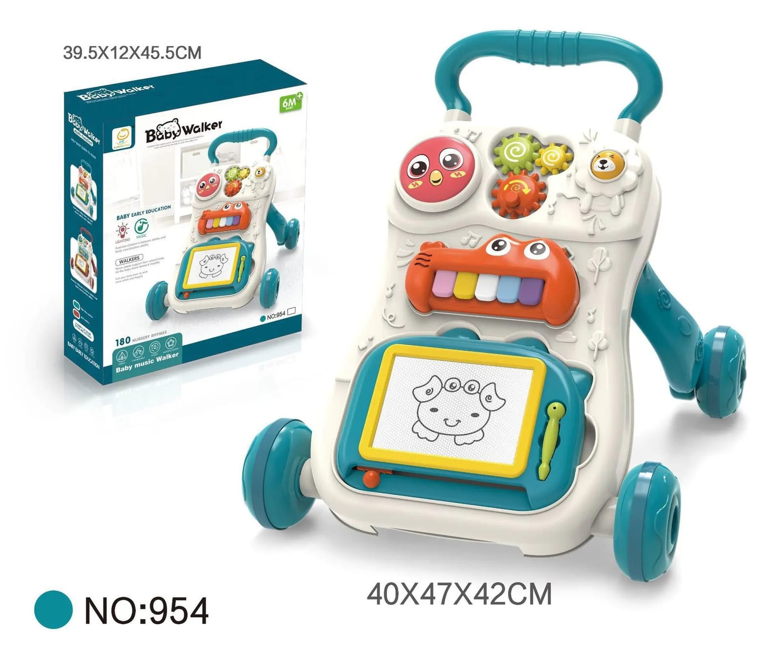 Baby walker

Comes with drawing board, music and lights