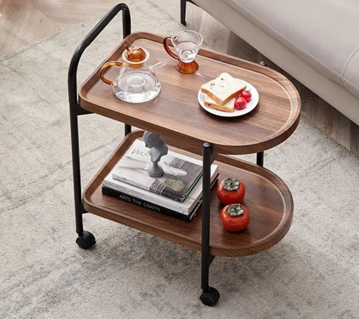 Morden Nordic style 2tier solid wood utility rolling cart trolley with wheels