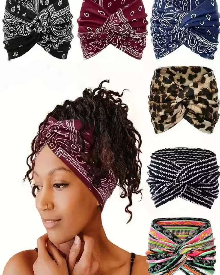 American style 18cm wide headband with Bohemian paisley pattern, elastic cotton sports headband