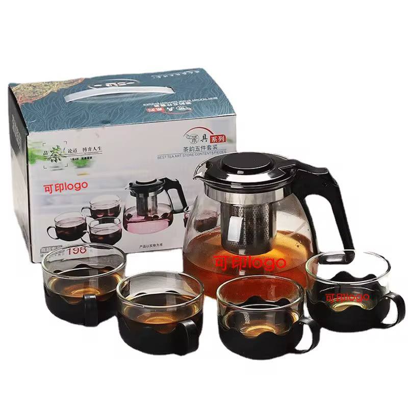 5pcs Glass Tea Jug and Cups Set with Stainless Steel Strainer