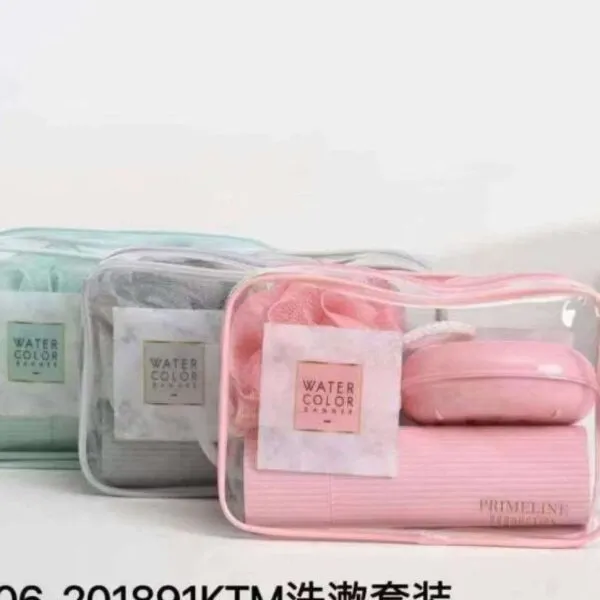 Transparent PVC zipper bags for organizing travel toiletries and cosmetics.