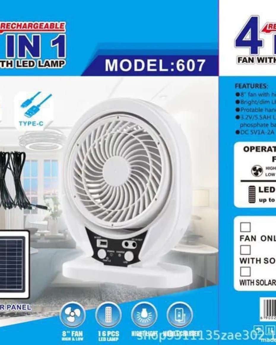 81b74de26938ac2dfb0b87a81c7afbd66ea28f67.jpeg 4in1 Rechargeable solar fan. - Image 1