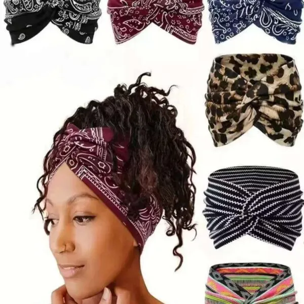 American style 18cm wide headband with Bohemian paisley pattern, elastic cotton sports headband