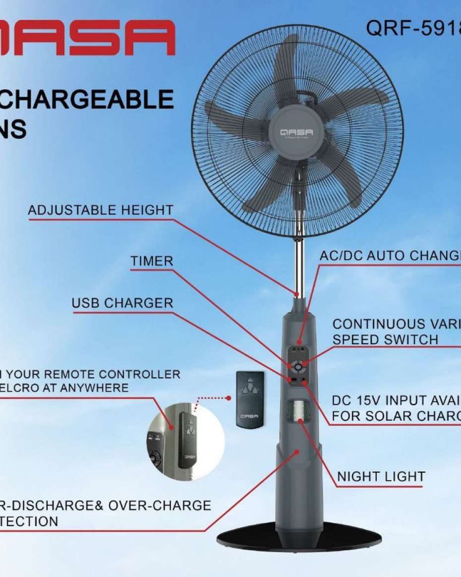 d591bcea3f5c445bddfdddb037079f0adea16ba6.jpeg Qasa Rechargeable standing fan. - Image 1