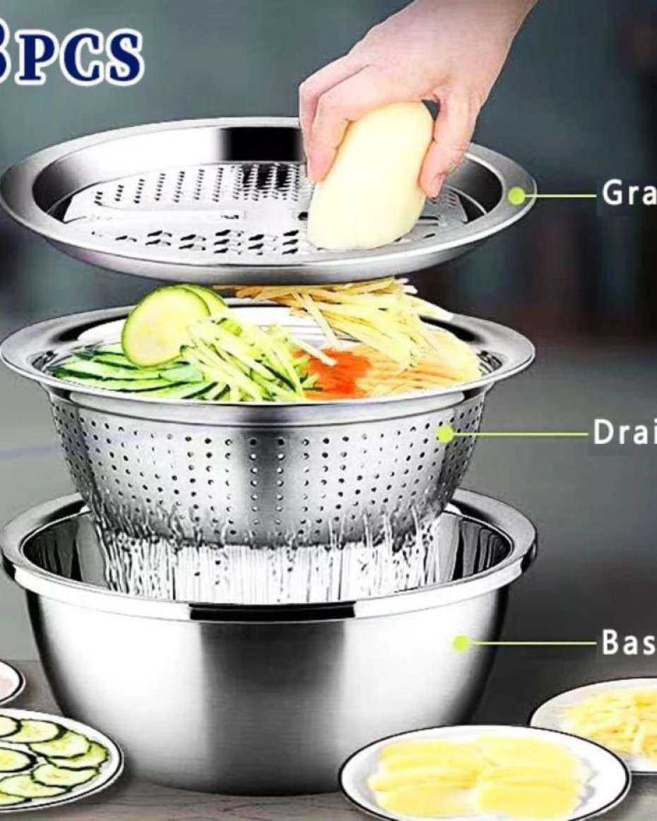 f9ec8ca1b184622fca1084b5e06a885ca5a37dfe.jpeg Multifunctional stainless steel 3in1 vegetable/fruit and rice washing bowl,with drainer and salad grater
26cm quality bowl - Image 1