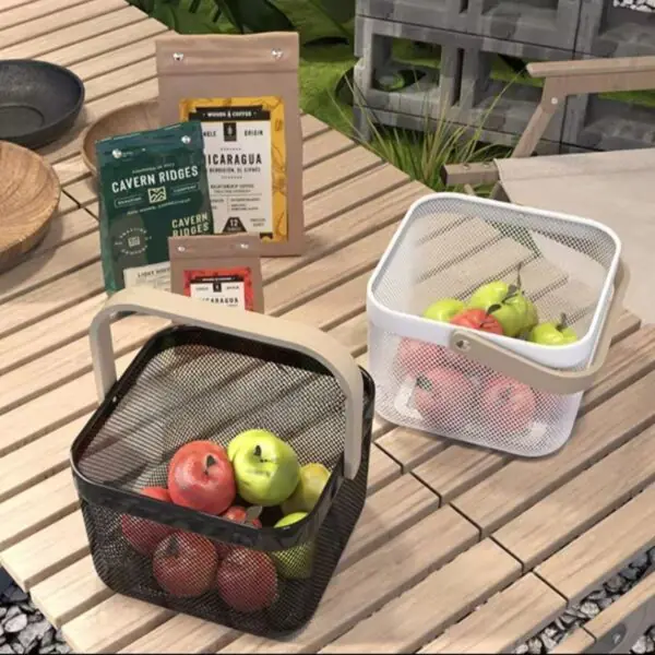 Storage basket with wooden handle